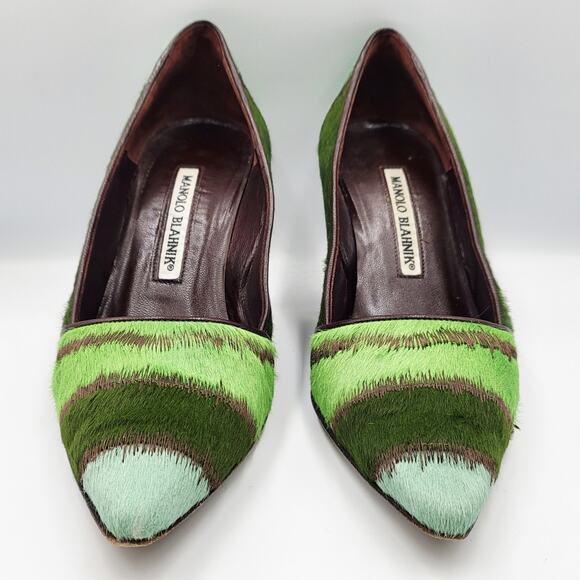 Manolo Blahnik Green Striped Pony Hair Pumps Brown Leather Trim Women's Sz 35.5 - Picture 6 of 11